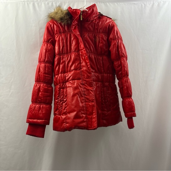 Y2K South Pole Size L Cropped Red Jacket Coat Fur Trim Hood And Gold Accents - Picture 3 of 15